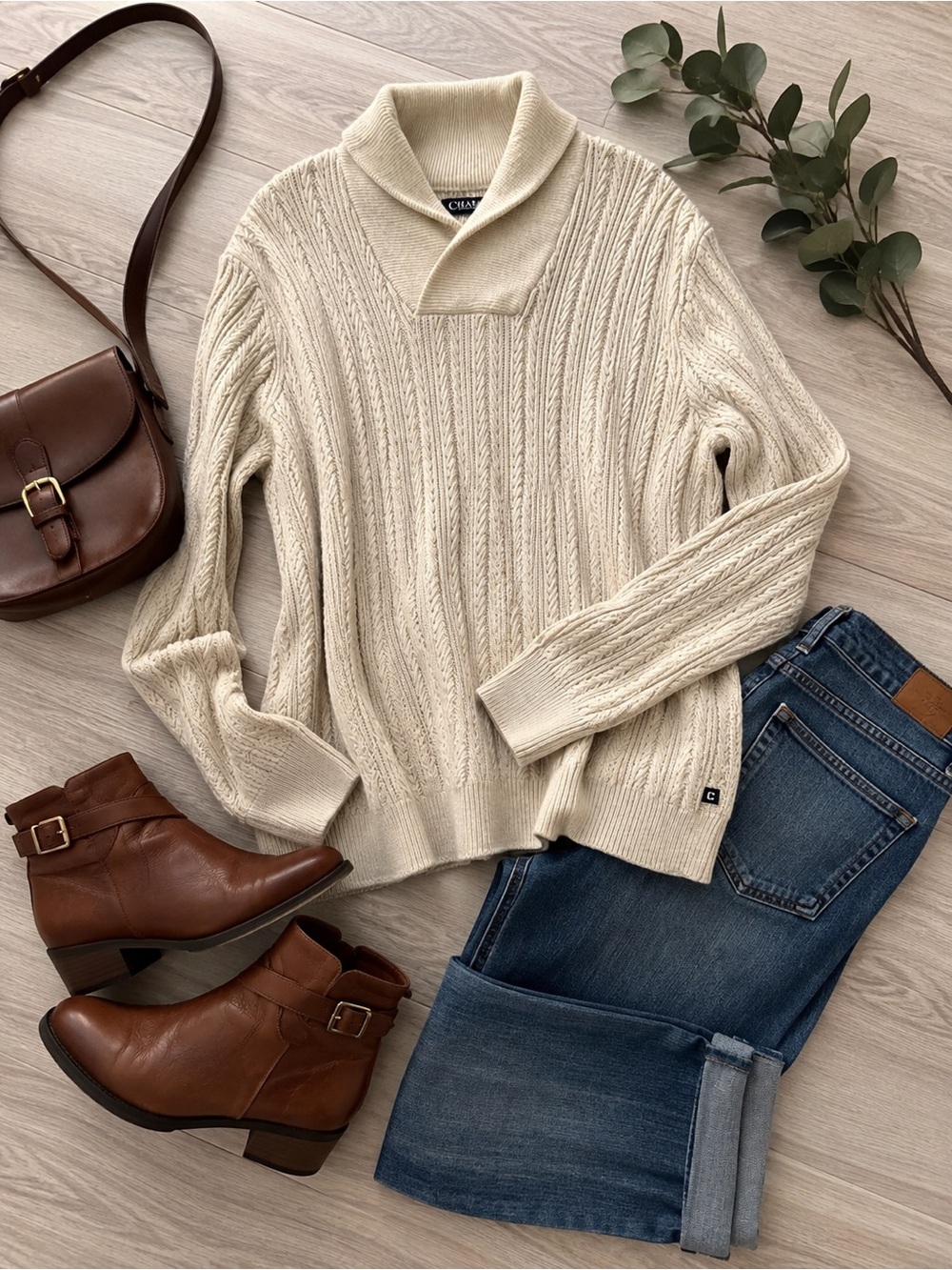 Chaps Cream Cable Knit Cowlneck Sweater